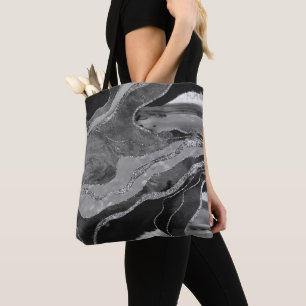 Grått Black White Marble Agate Silver Glitter Gla Tygkasse