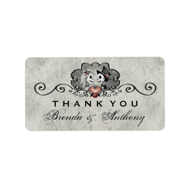 Grått Black & White Skeletons Heart Tack Adressetikett (Framsidan)