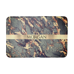 Grått Blk Guld Marble, Lg Guld Rand Namn + Monogra Badrumsmatta