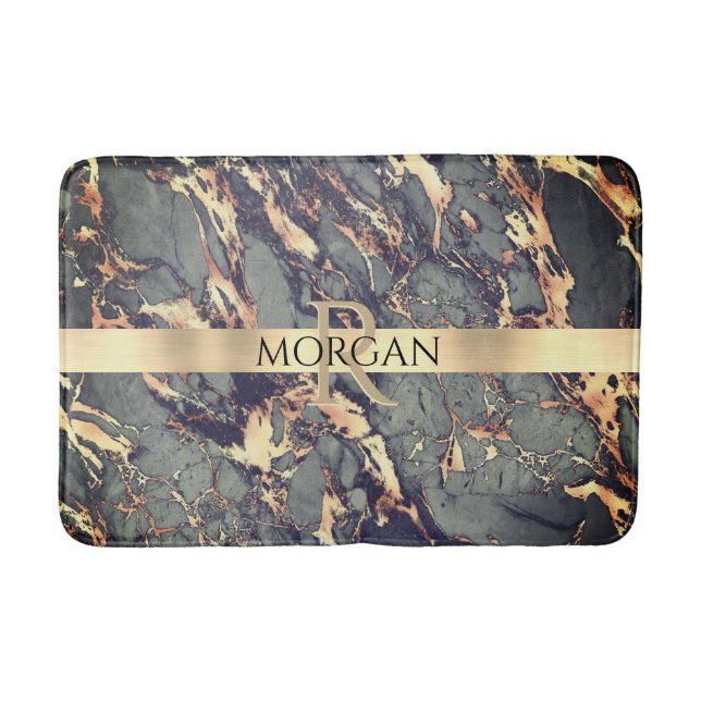 Grått Blk Guld Marble, Lg Guld Rand Namn + Monogra Badrumsmatta (Framsidan)