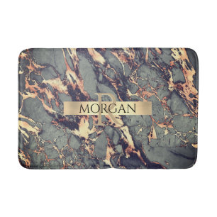 Grått Blk Guld Marble, Sm Guld Rand Namn+Monogram Badrumsmatta