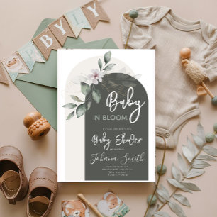 Grått Blommigt Arch Baby i Bloom Baby Shower Inbjudningar
