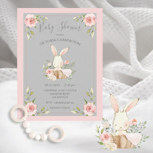 Grått  Blommigt Bunny Rabbit Baby Shower Inbjudningar