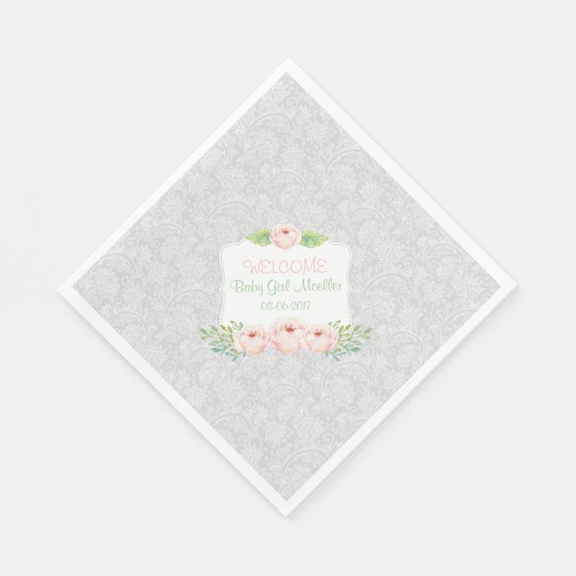 Grått  blommigt Damask Napkin / Flickbabydusch Pappersservett (Hörn)
