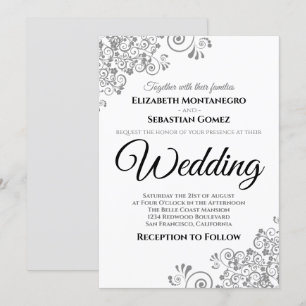 Grått Blommigt Filigree Elegant Chic Bröllop Inbjudningar