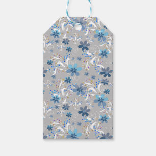 Grått-blommigt, grått, , blått, elegant presentetikett