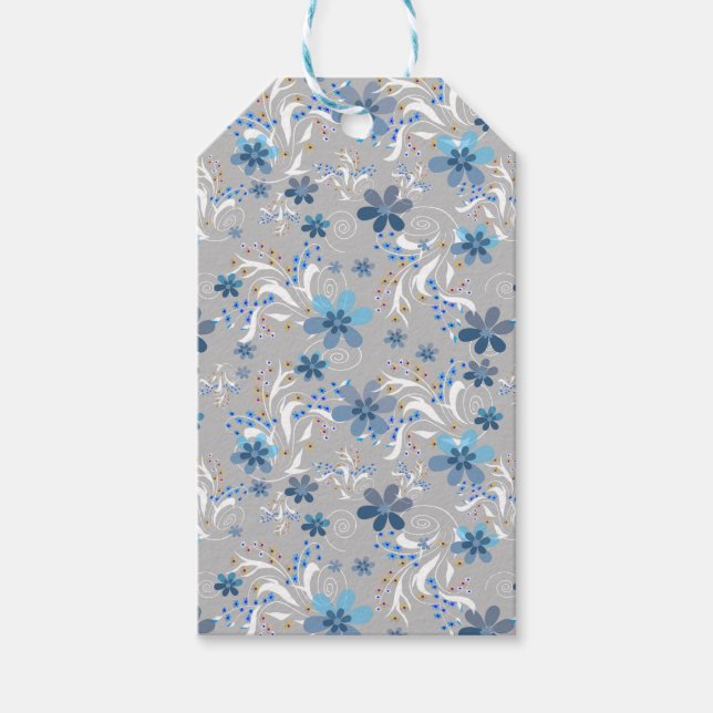 Grått-blommigt, grått, , blått, elegant presentetikett (Framsidan)