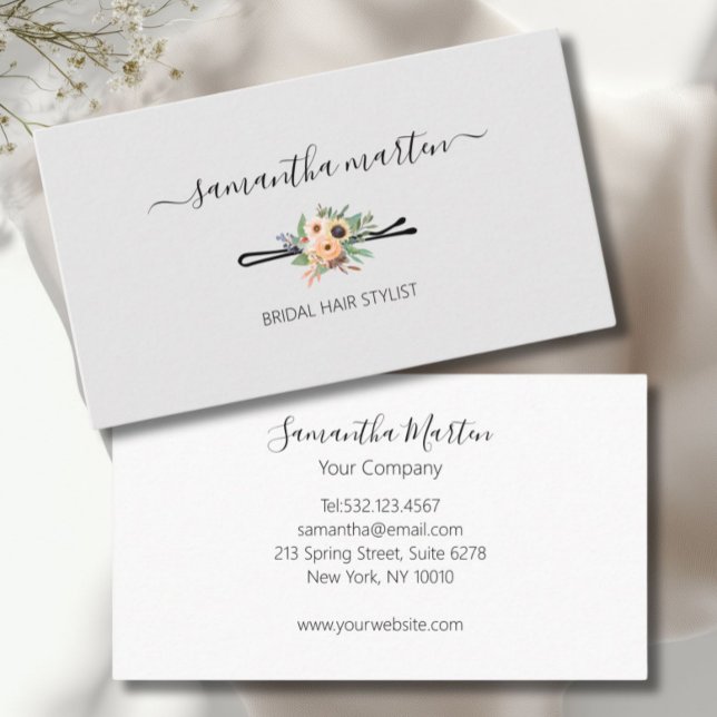 Grått Blommigt Hair Stylist Visitkort (Floral Hair Stylist Business Card)