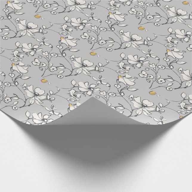 Grått Blommigt Lineart Watercolor Presentpapper (Hörn)