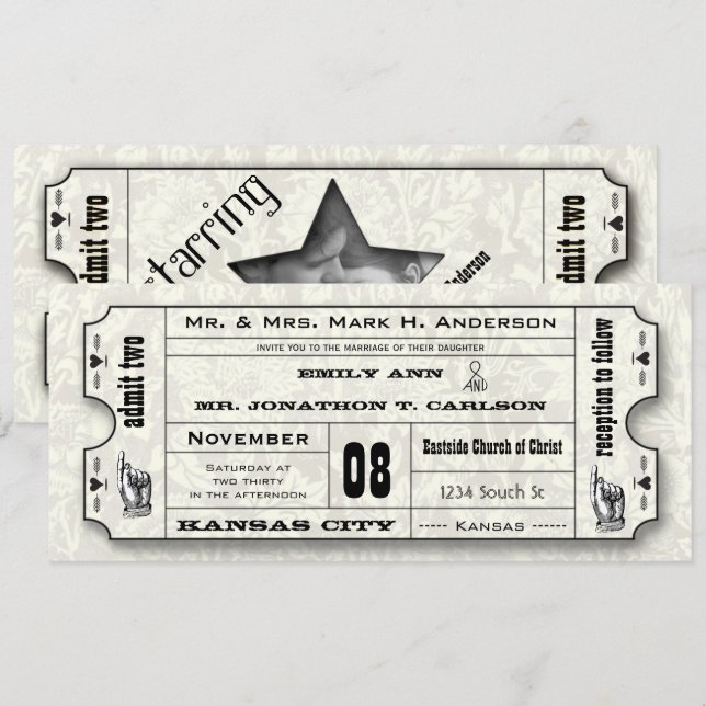 Grått Blommigt Modern Typografi Biljett Bröllop Inbjudningar (Fram/baksida)