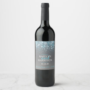 Grått blue aqua bubbles personligt bröllp vin etik vinflaska etikett