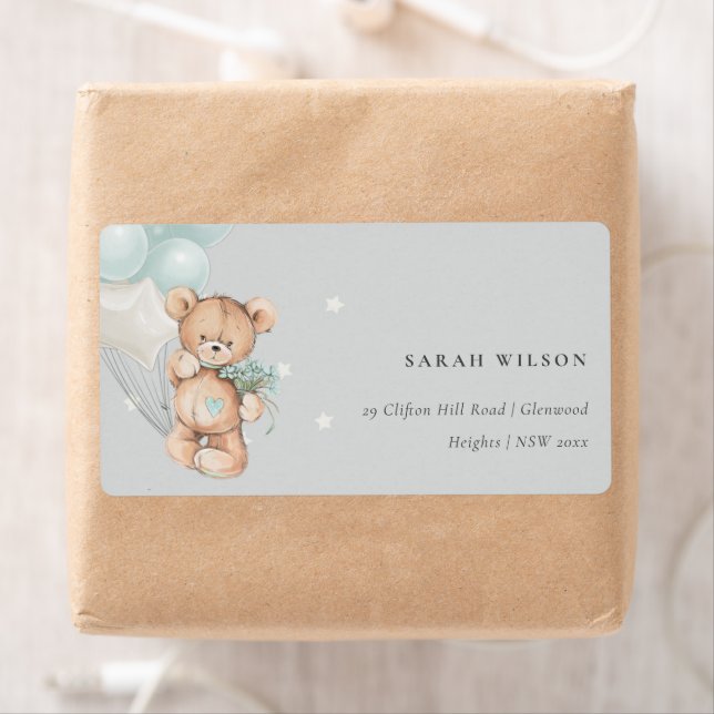 Grått Blue Bear Balloon Blommigt Bunch Heart Adres Fraktsedel (Insitu)