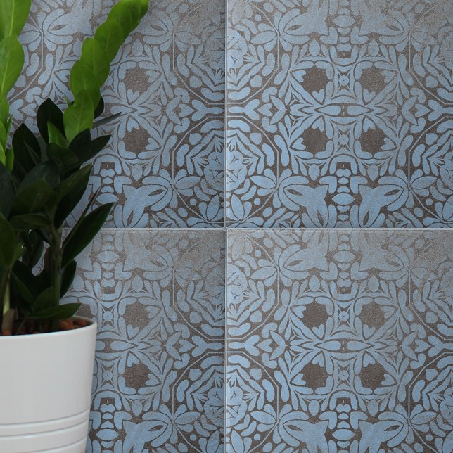 Grått Blue-Blommigt och geometrisk Mönster Kakelplatta (Skapare uppladdad)