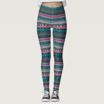 Grått Blue Blommigt Tribal Print Leggings