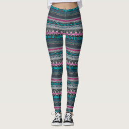 Grått Blue Blommigt Tribal Print Leggings