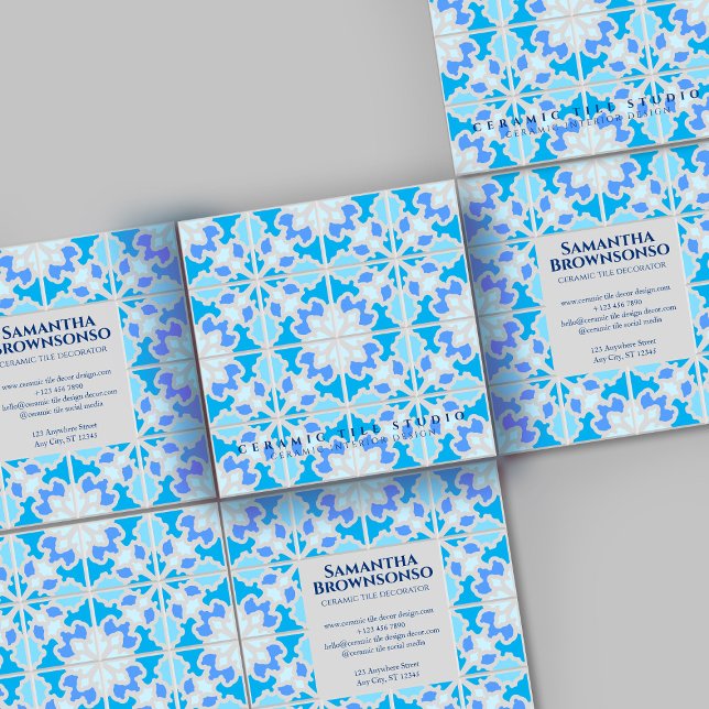 Grått Blue Ceramic Tile Fyrkantigt Visitkort (Gray-Blue-Ceramic-Tile-Square-Business-Card)