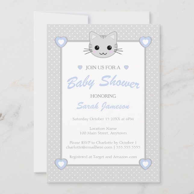 Grått Blue Cute Kawaii Cat Animal Baby Shower Dott Inbjudningar (Framsida)