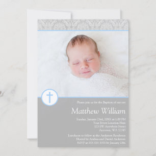 Grått Blue Damask Kor Boy Photo Baptism Inbjudningar