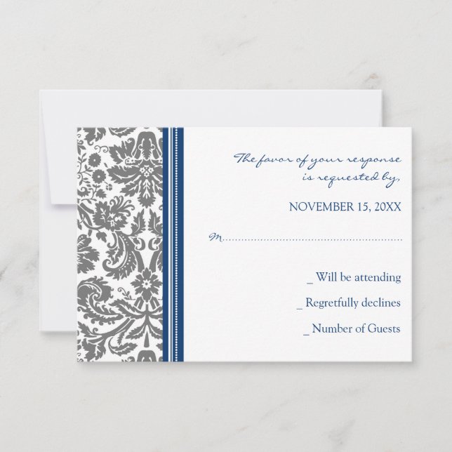 Grått Blue Damask OSA Bröllop Card (Framsida)