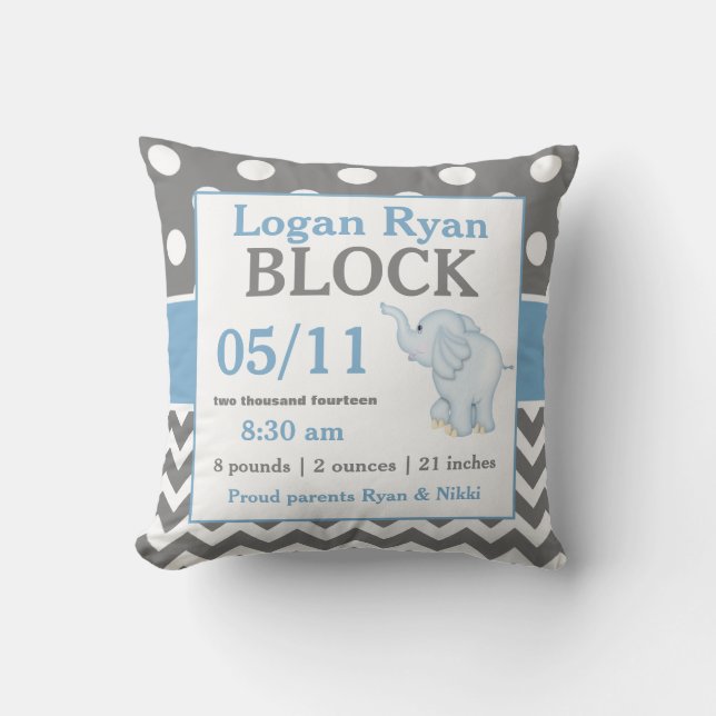 Grått Blue Elephant Baby Announcement Pillow Kudde (Framsida)