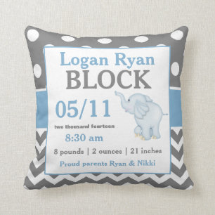 Grått Blue Elephant Baby Announcement Pillow Kudde