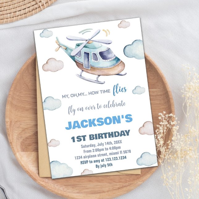 Grått Blue Helicopter Birthday-inbjudningar Inbjudningar (Gray Blue Helicopter Birthday Invitations)