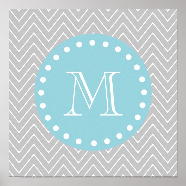 Grått & Blue Modern Chevron Anpassningsbar Monogra Poster (Framsidan)