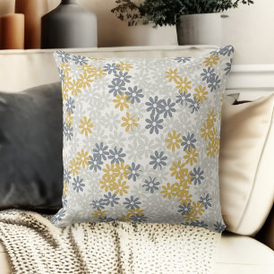 Grått Blue- och Guld Blommigt Daisy-soffa Kudde