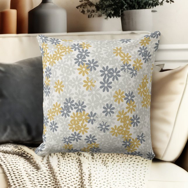 Grått Blue- och Guld Blommigt Daisy-soffa Kudde (throw pillow for living room floral couch throw pillow grey, blue, gold and beige)