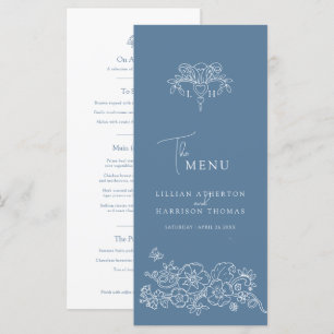 Grått blue white monogram fleur de lis bröllop meny