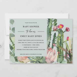 GRÅTT BOHO ROSA BLOMMIGT CACTUS FOLIAGE BABY SHOWE INBJUDNINGAR