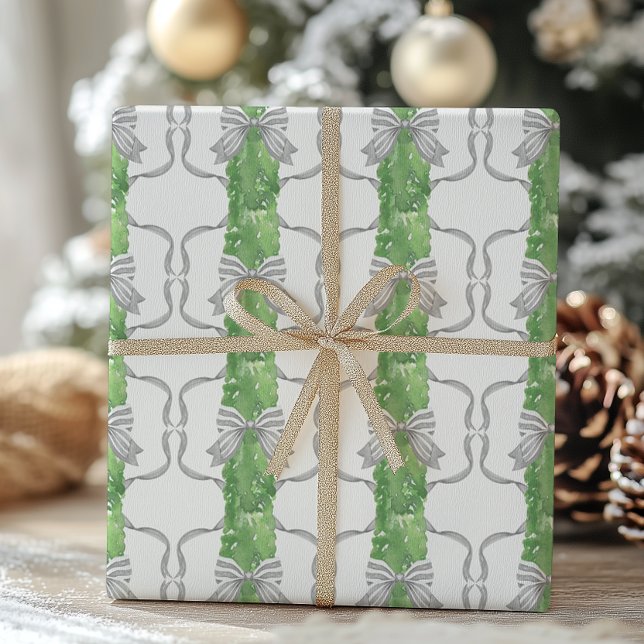 Grått Bows & Grönt Garland Presentpapper (Skapare uppladdad)