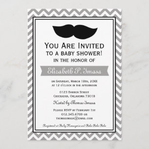 Grått Boy Mustache Chevron Baby Shower Inbjudningar