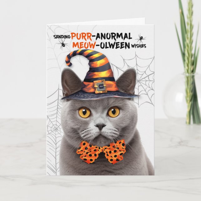 Grått British Halloween Cat PURRanormal MEOWolween Helgkort (Framsida)