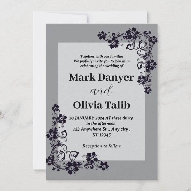 Grått bröllopsinbjudan / enkel och romantisk inbjudningar (Framsida)