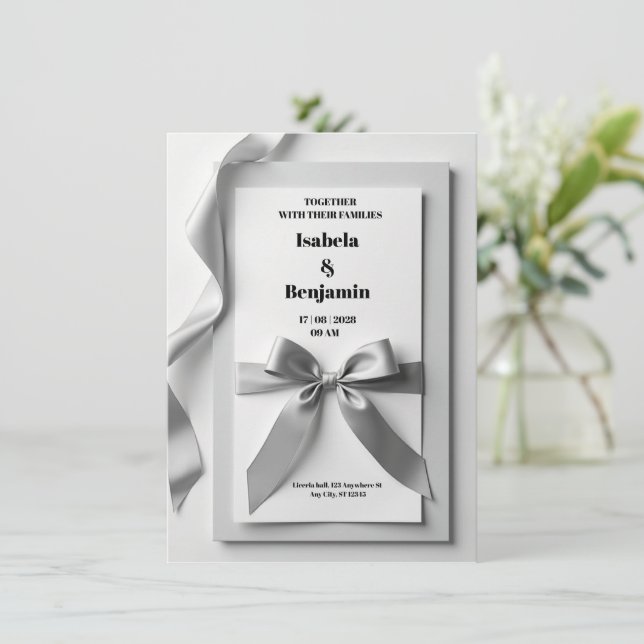 Grått bröllopsinbjudan med satin ribbon inbjudningar (Stående Fram)