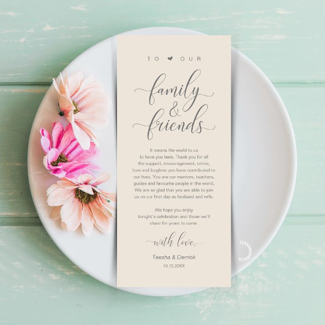 Grått Bröllopsplatssättning Tacksamhetskort i Kräm Program (Cream and Grey Wedding Place Setting Thank You Card, Dinner Lunch Brunch Party Celebration)