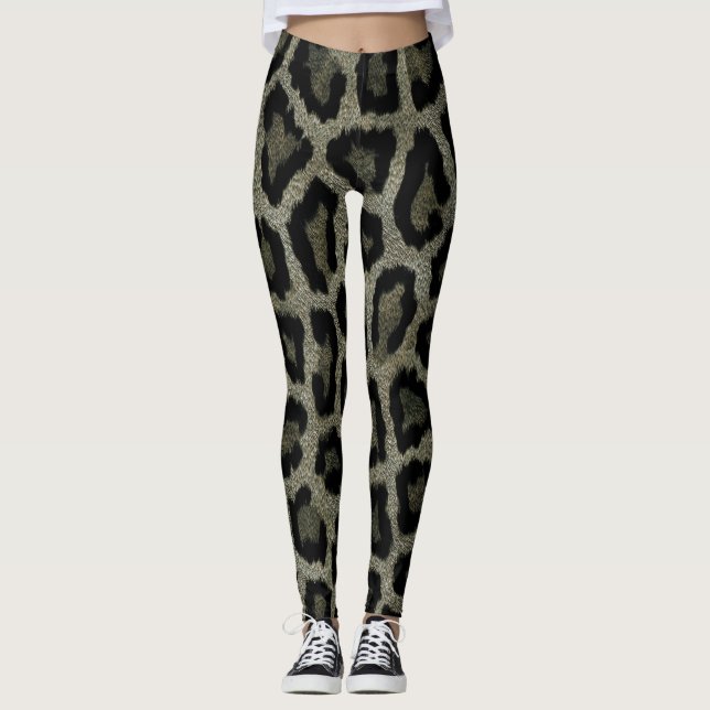 Grått Brown Black Leopard Animal Print Leggings (Framsida)
