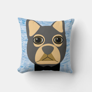 Grått/brun Fransk Bulldog, vattenfärgblått Kudde