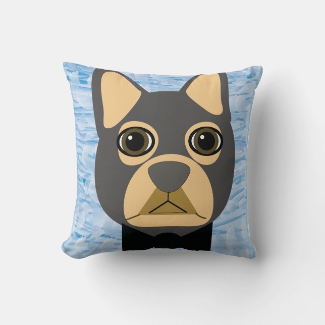Grått/brun Fransk Bulldog, vattenfärgblått Kudde (Framsida)
