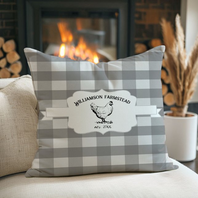Grått Buffalo Play Farm Chicken Dekorativ kudde (Gray Buffalo Plaid Farm Chicken Throw Pillow)