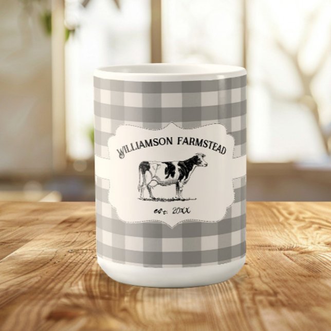 Grått Buffalo Play Farm Cow Coffee Mugg (Gray Buffalo Plaid Farm Cow Coffee Mug)