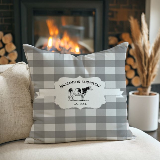 Grått Buffalo Play Farm Cow Dekorativ kudde (Gray Buffalo Plaid Farm Cow Throw Pillow)
