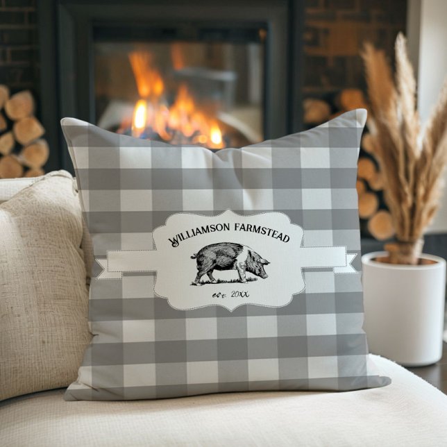 Grått Buffalo Play Farm Gris Dekorativ kudde (Gray Buffalo Plaid Farm Pig Throw Pillow)