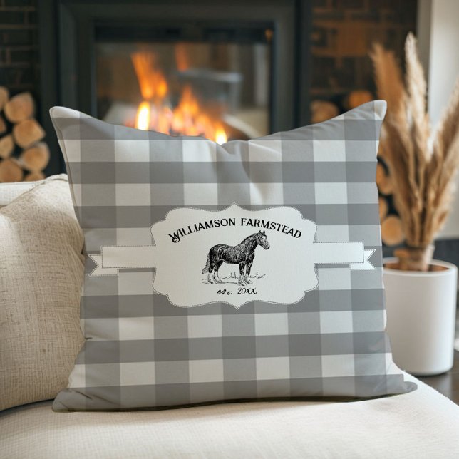 Grått Buffalo Play Farm Horse Kudde (Gray Buffalo Plaid Farm Horse Throw Pillow)