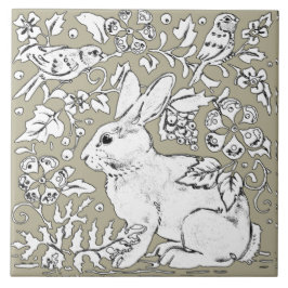 Grått Bunny Rabbit Bird Blommigt Sketch Teckning Kakelplatta