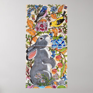 Grått Bunny Rabbit Jacobean Blommigt Bird Tile Po Poster