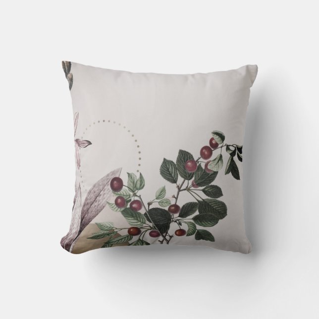 Grått & Burgundy botaniskt utskrift | Körsbär Kudde (Framsida)