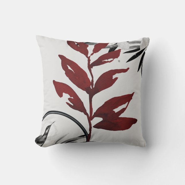 Grått & Burgundy Watercolor Löv Hummingbird Kudde (Framsida)