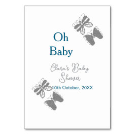 Grått-butterflublått babydusch baby modern text bordsnummer